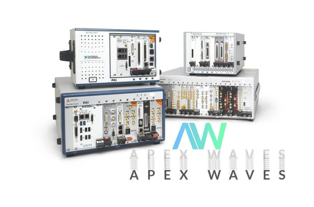 Various PXI chassis with NI modules and Apex Waves logo in the corner