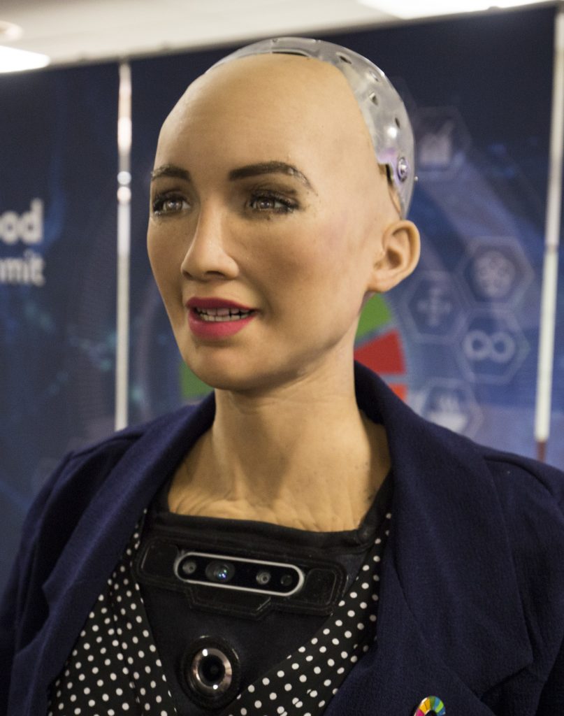 Portrait shot of Sophia the Robot at the Good Global Summit in 2018