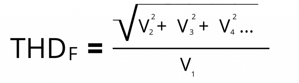 The formula for total harmonic distortion, where “THD” refers to the total harmonic distortion, and “Vₙ” refers to the “nth” harmonic’s RMS (root mean squared) value. 