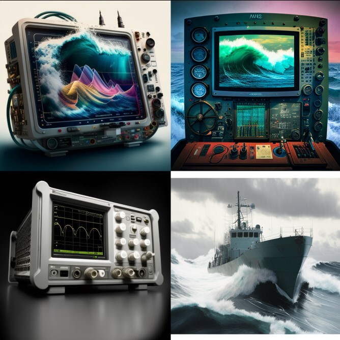 4 panel photo created by the Midjourney AI with oscilloscopes and oceans