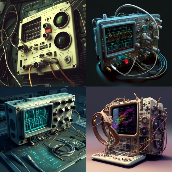 4 panel photo of oscilloscopes created by the Midjourney AI