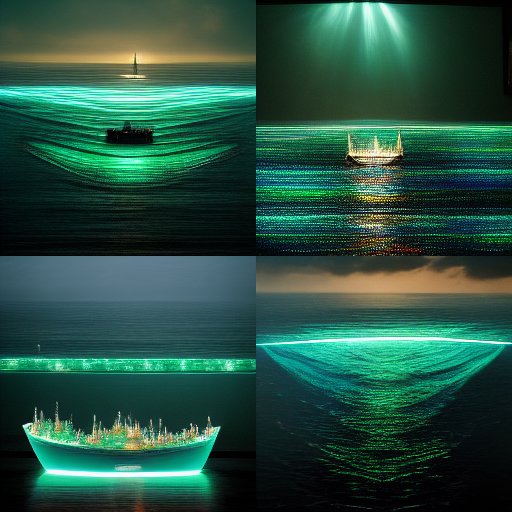 4 AI generated images showing water at night with glowing green and blue