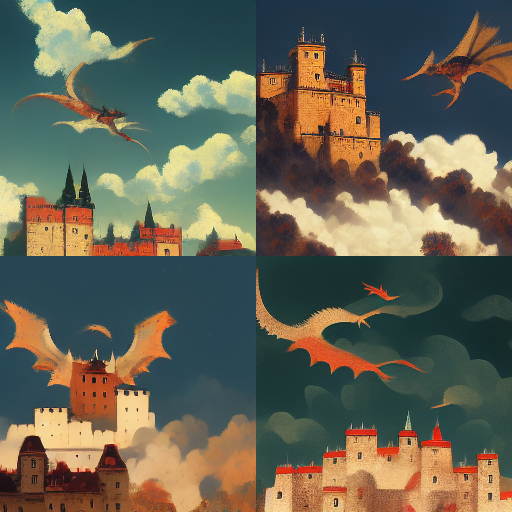 4 AI generated images of a Medieval castle with dragon flying overhead