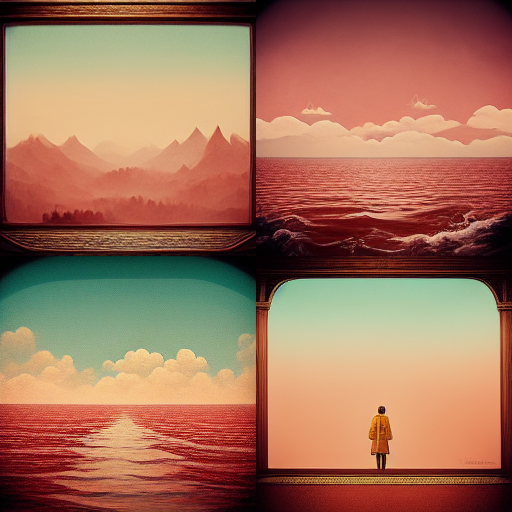 4 AI generated images showing a horizon with clouds, water, and a pink sky