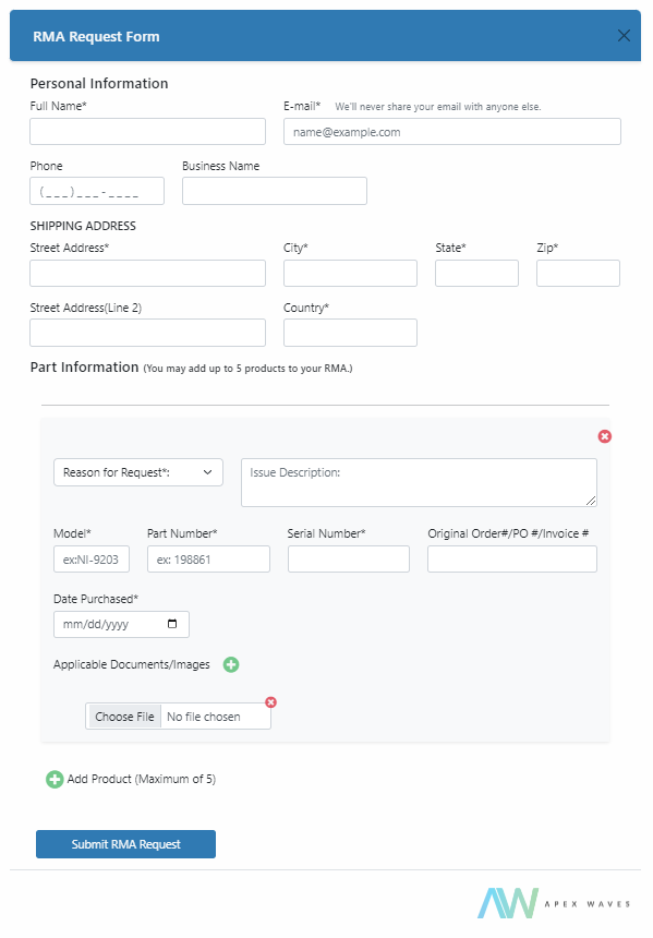 The new Apex Waves RMA request form