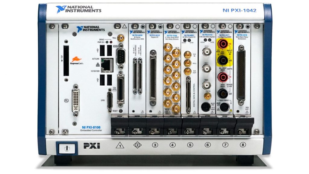 Closeup of the PXI-1042 Chassis filled with modules