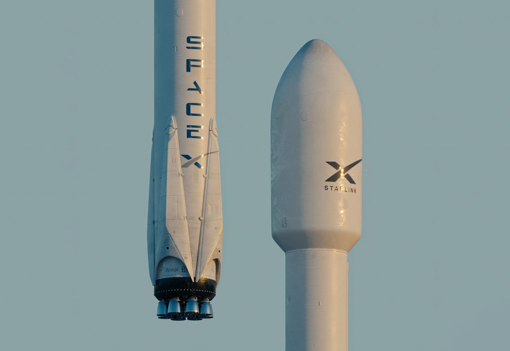 Closeup of white SpaceX rocket and Starlink Satellite Rocket