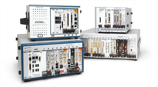 Picture of 4 different National Instruments PXI modules and chassis on a transparent background