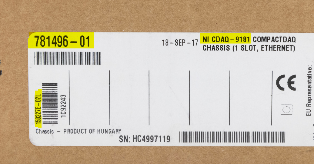 Closeup of a NI box label with the model name, part number, and catalog number highlighted in yellow