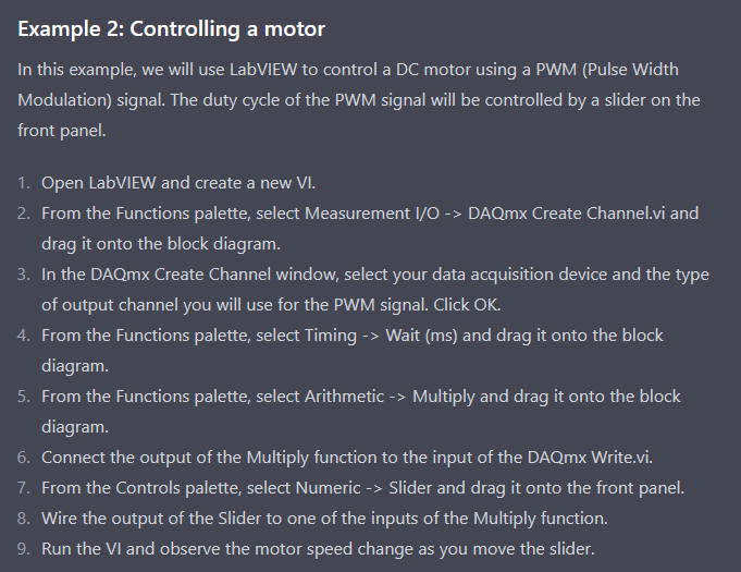 Screenshot of ChatGPT explanation of the steps for controlling a motor using LabVIEW