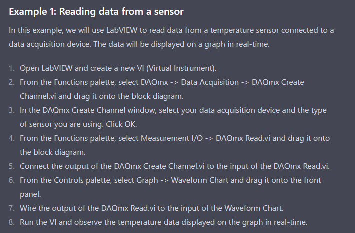 Screenshot of ChatGPT explanation of the steps for reading data from a sensor using LabVIEW