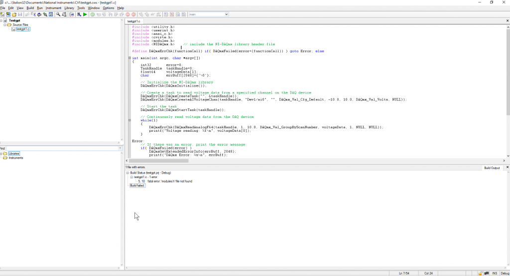 Screenshot of LabVIEW screen showing an error in the code