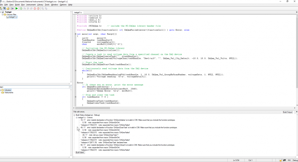 Screenshot of LabVIEW screen showing many errors in the code