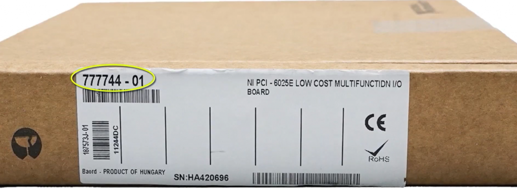 Closeup of box from NI with the catalog number circled in yellow