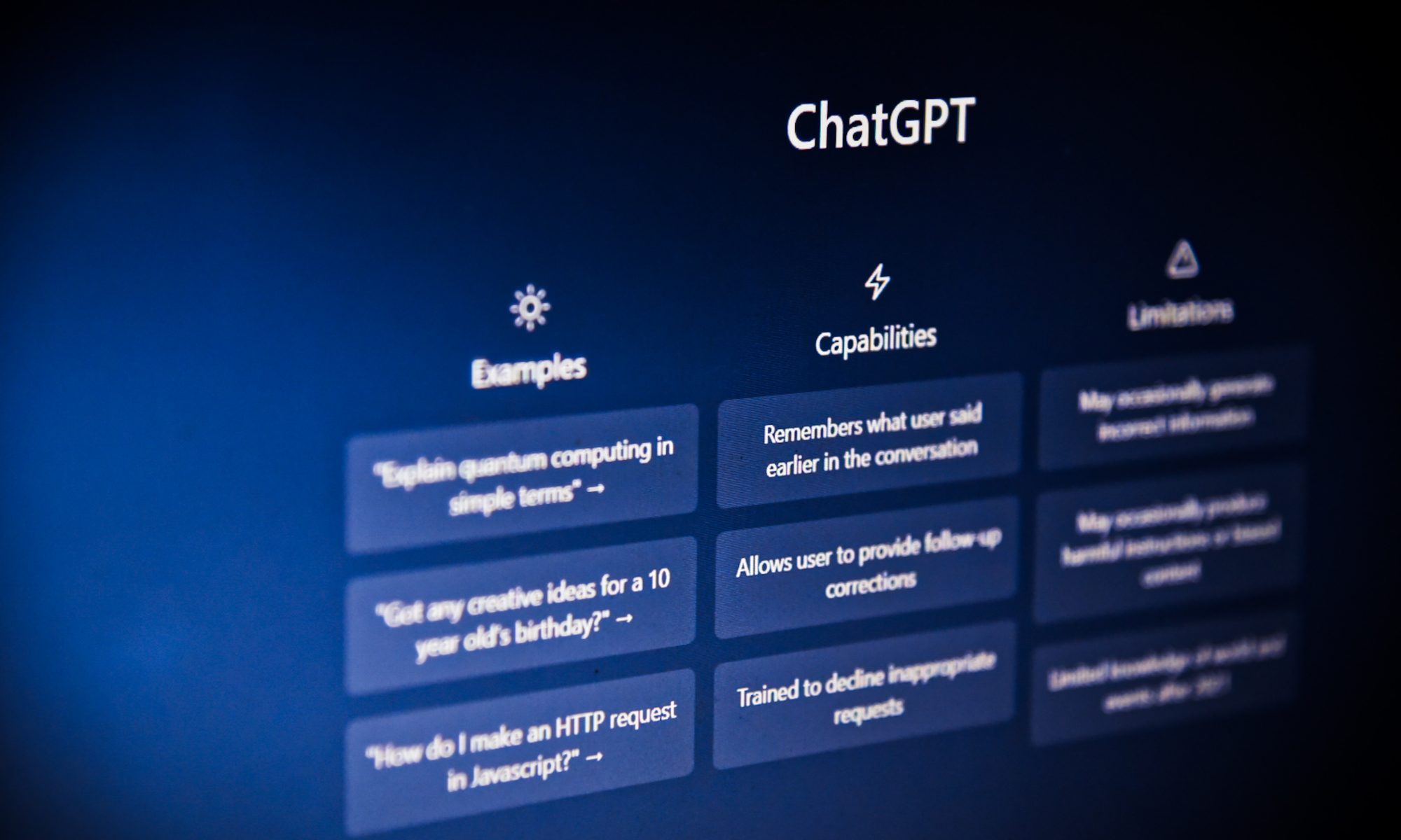 Closeup sideview of ChatGPT homescreen