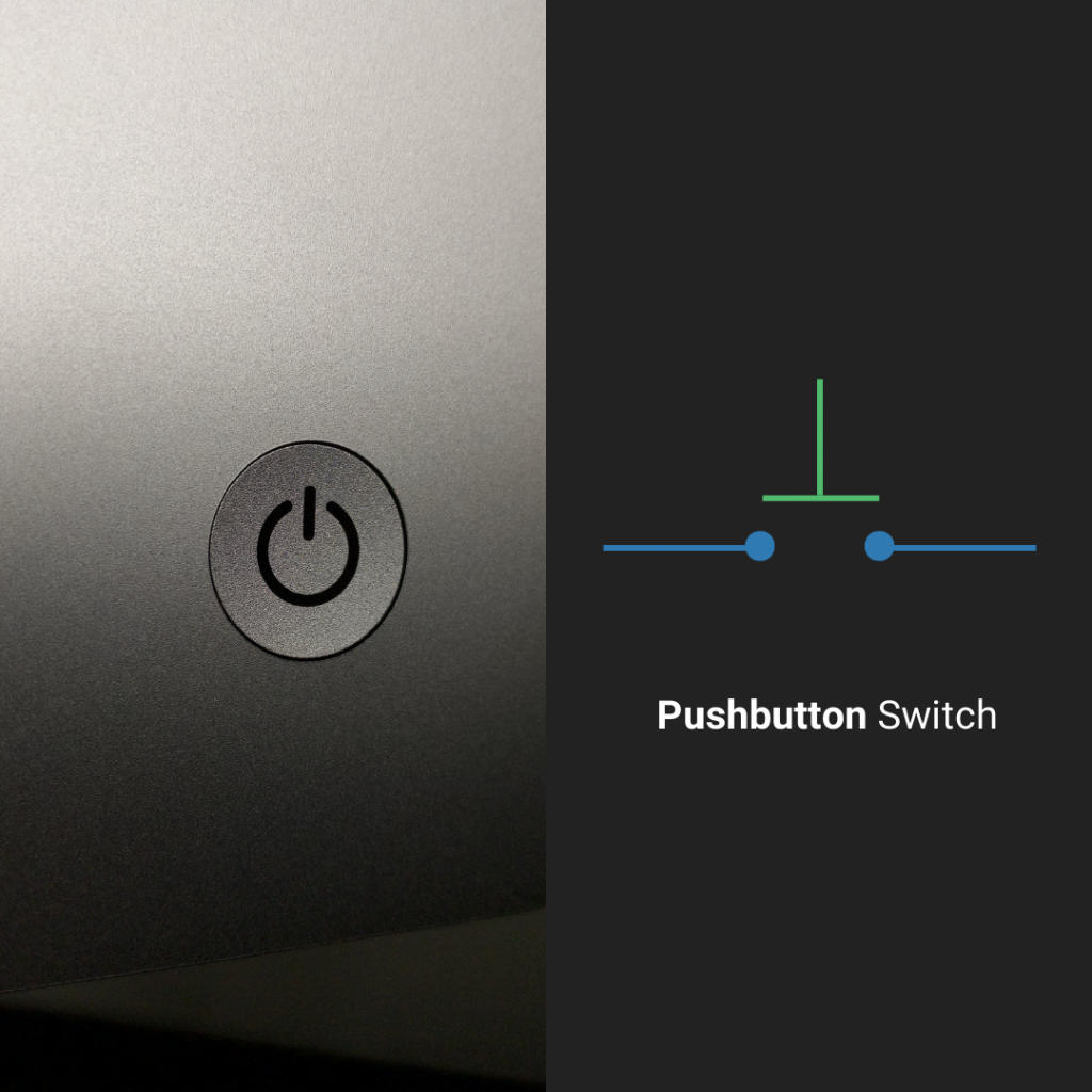 Picture of a power button with a diagram of a pushbutton switch to the right