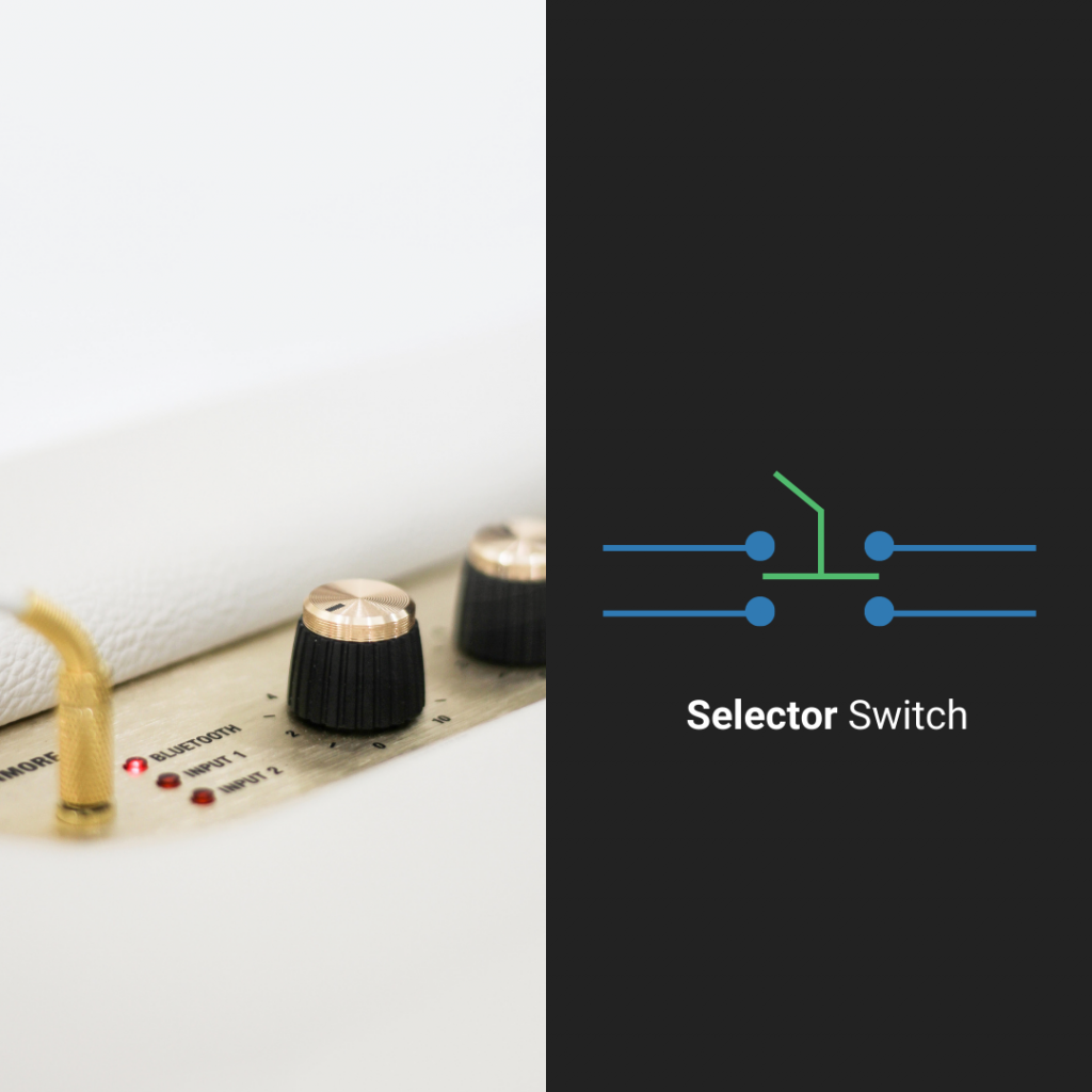 Picture of a soundboard knob with a diagram of a selector switch to the right