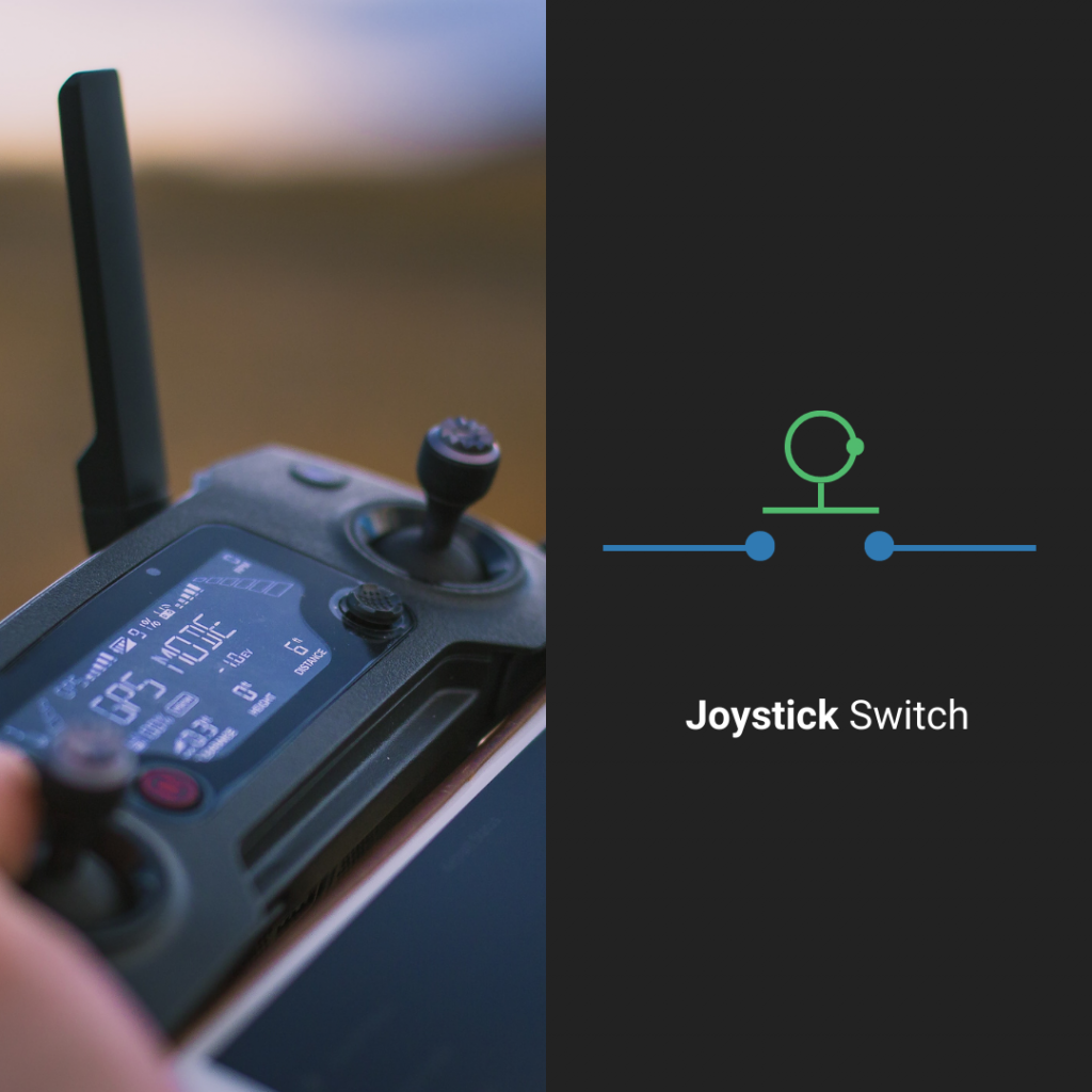 Picture of a drone controller with a diagram of a joystick switch to the right