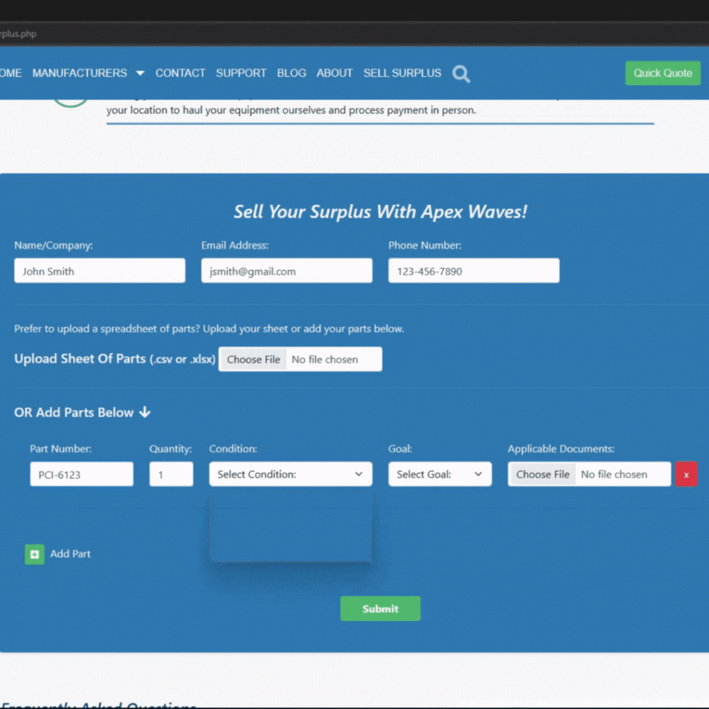 Gif showing the condition and goal drop down options on the Apex Waves Sell Your Surplus form