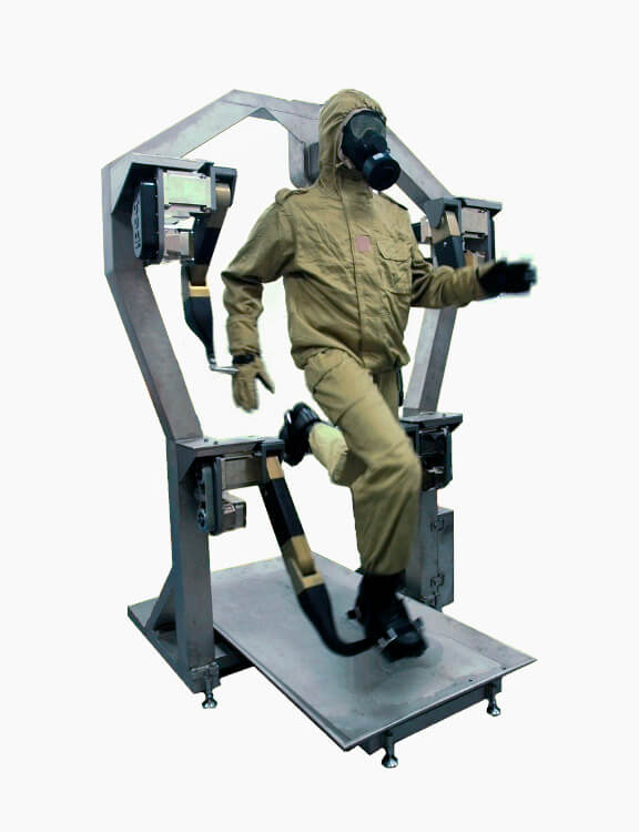 Side view of the F.A.S.T. MAN Test system mannequin running in protective gear, courtesy of I-bodi