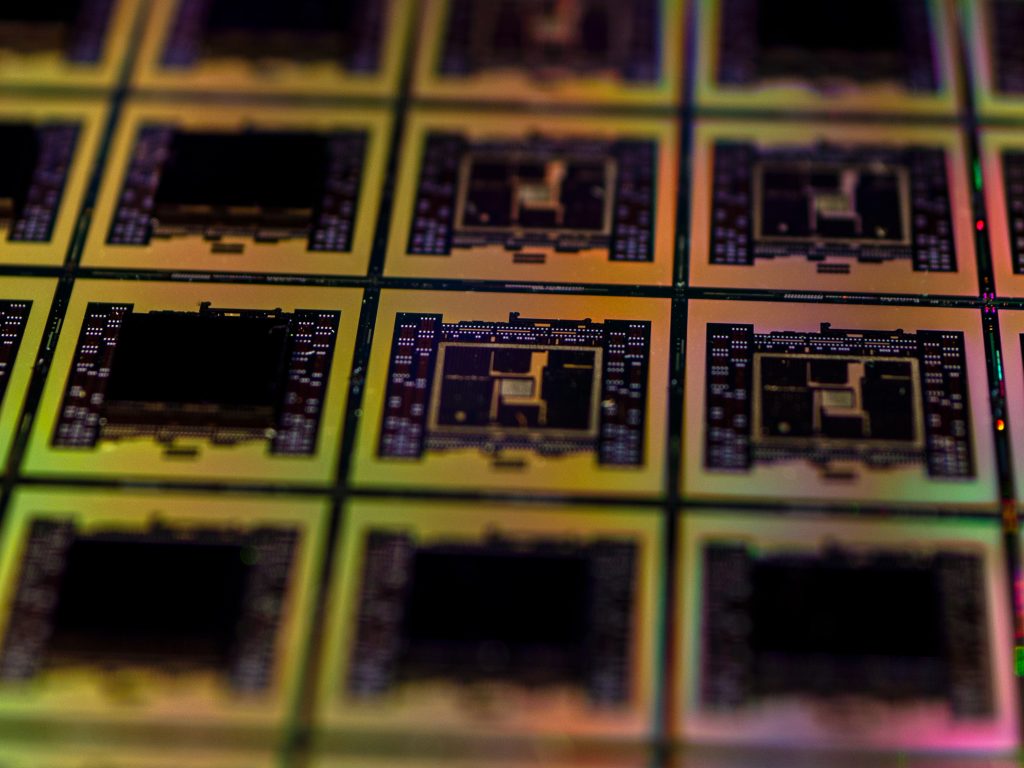 closeup view of semiconductor chips in production