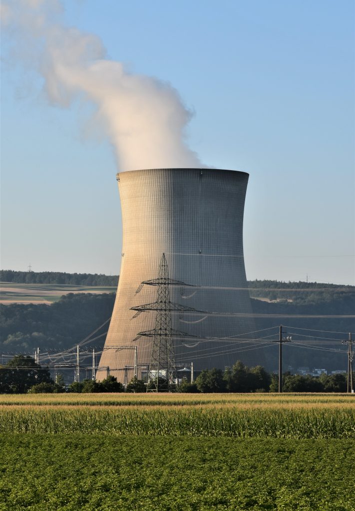 Closeup of singular smokestack from a nuclear powerplant
