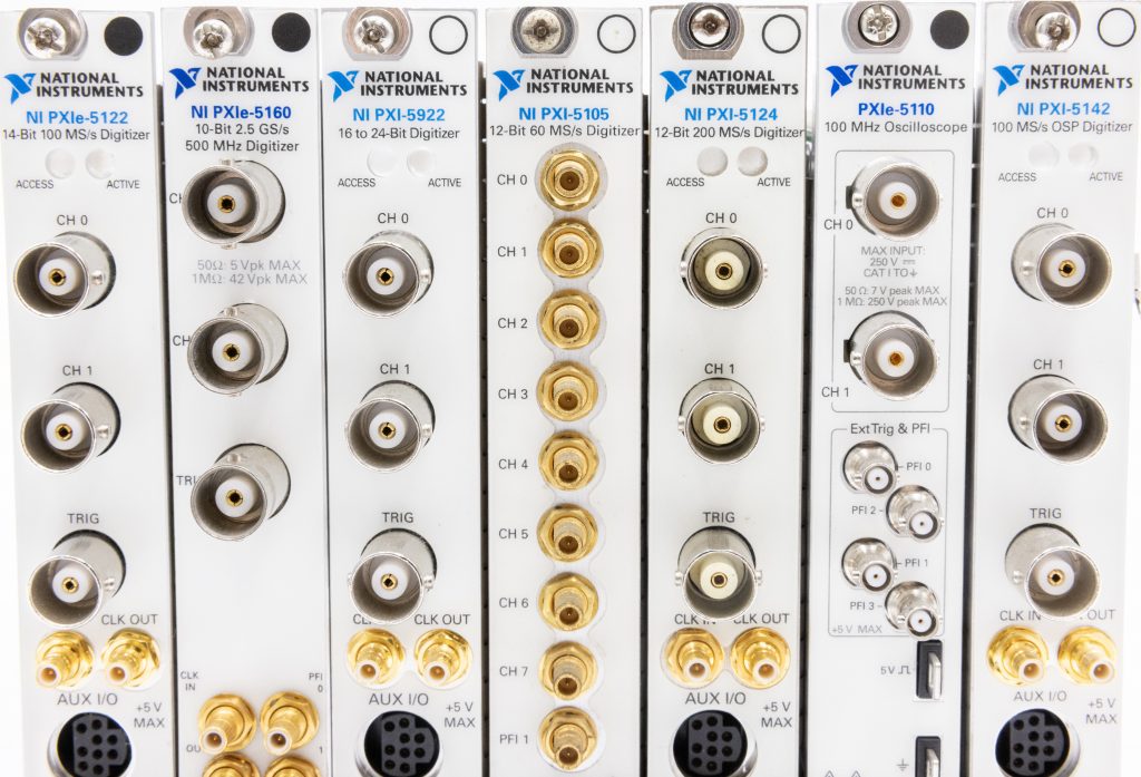 closeup of various PXI oscilloscopes from NI