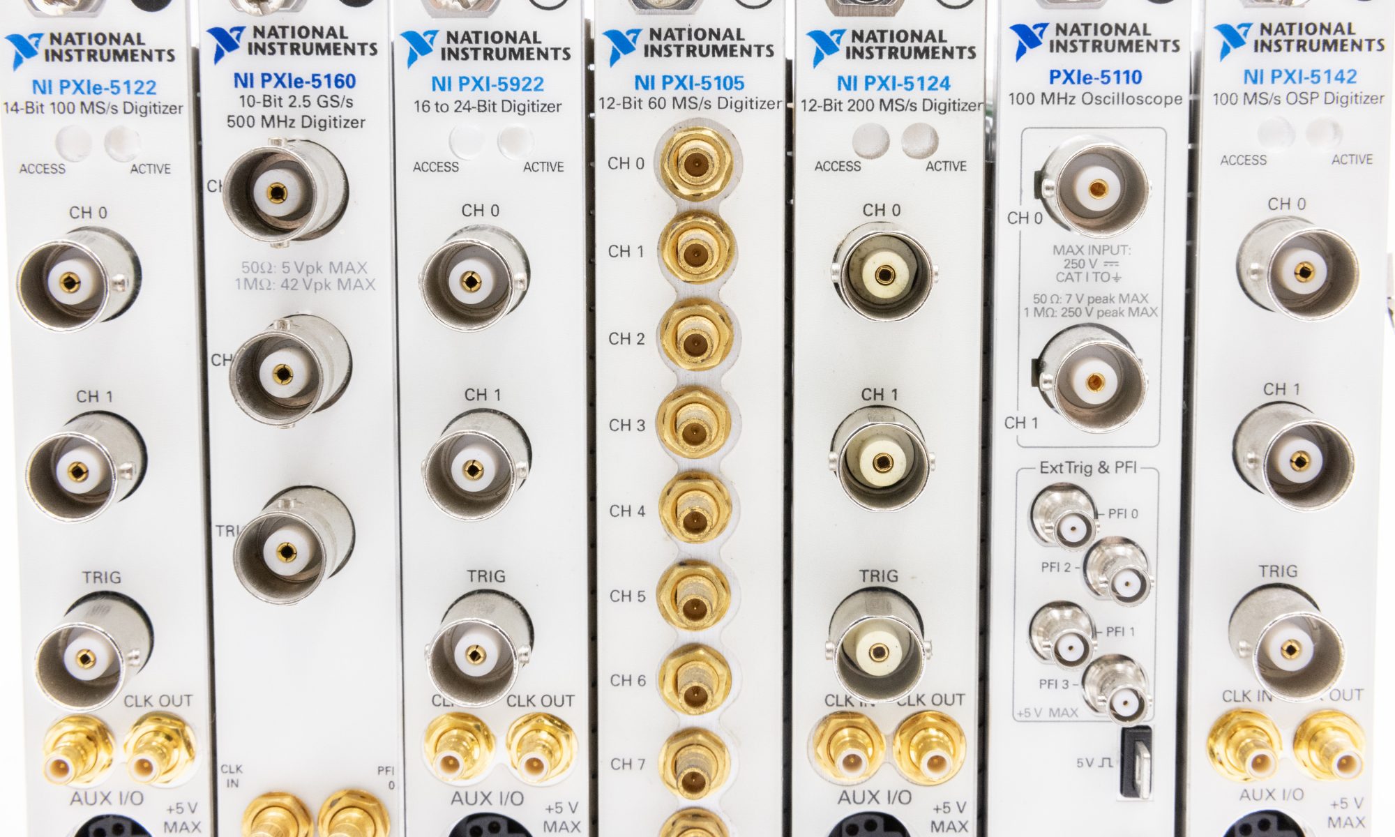 closeup of various PXI oscilloscopes from NI