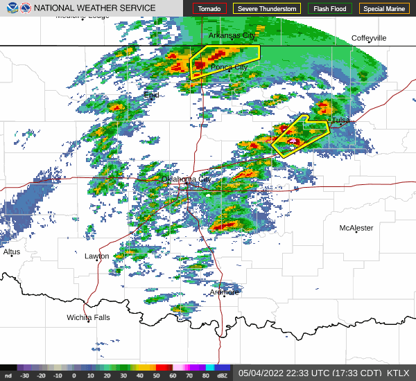 Radar loop of developing supercells near Oklahoma City, Oklahoma from the NWS Norman radar