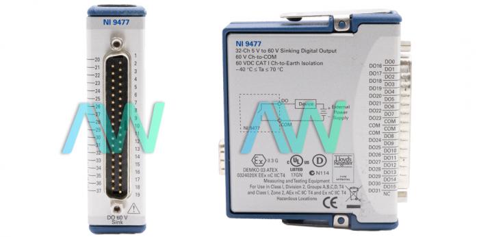 Front and side view of the NI-9477 C-series digital module with the Apex Waves logo as a watermark