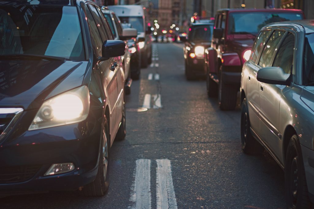 Closeup of cars in traffic on road