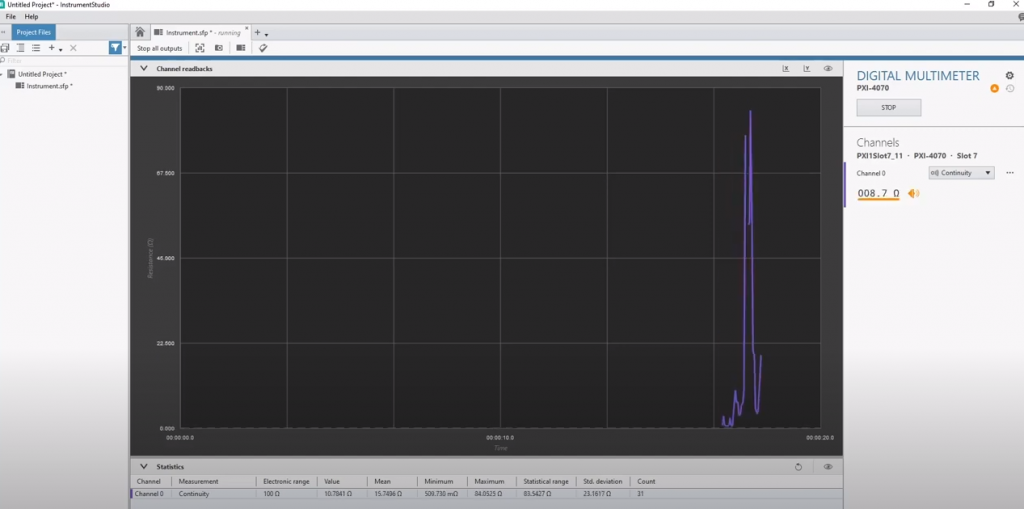 Screenshot of graph measuring continuity with the PXI-4070