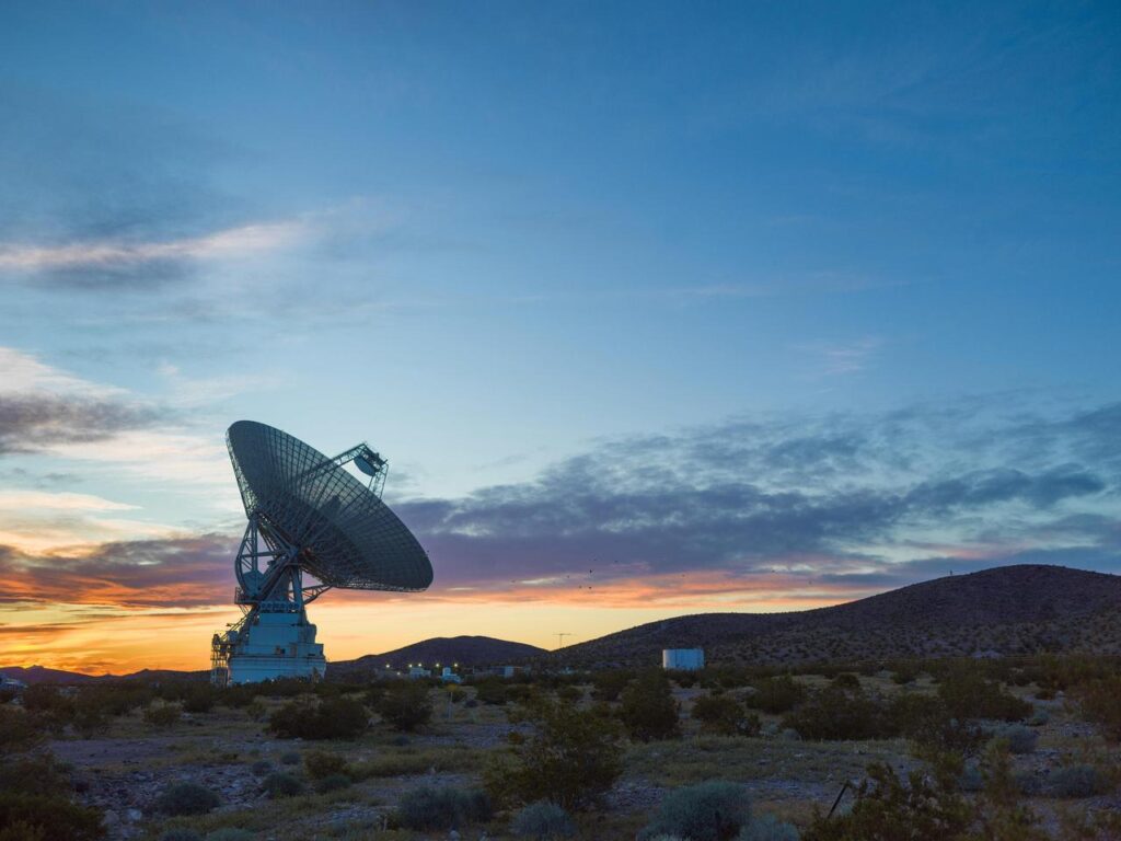 The 230-foot-wide radar antenna at the Goldstone Deep Space Communications Complex near Barstow, California