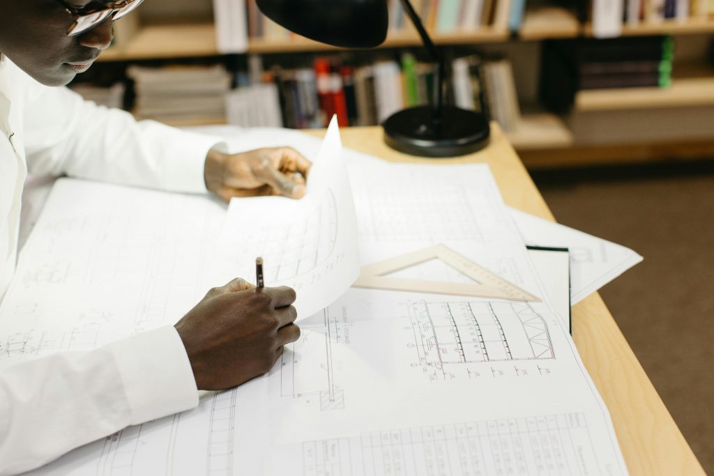 Engineering student studying in library
