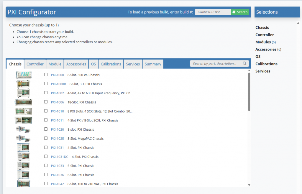 Screenshot of the PXI Configurator on Apex Waves website
