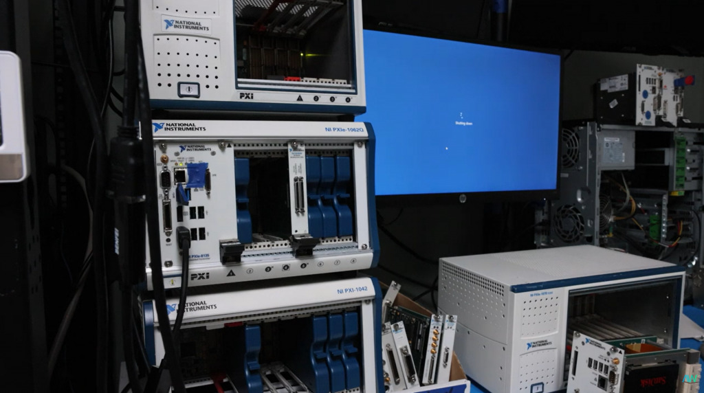 Testing setup with many PXI modules and chassis from National Instruments