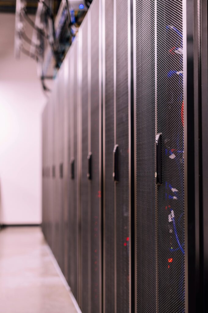 Closeup view of server racks in a modern data center