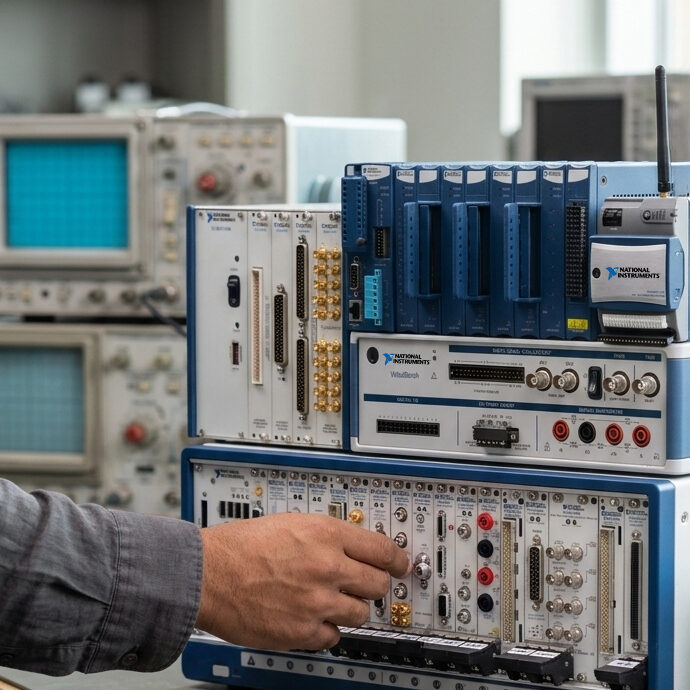 Test engineer touching a PXI card in a chassis at the bottom of a stack of NI hardware