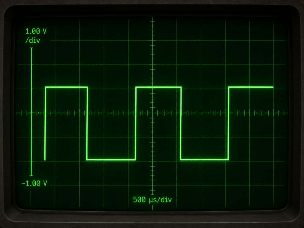 AI-generated representation of a square waveform on an oscilloscope screen