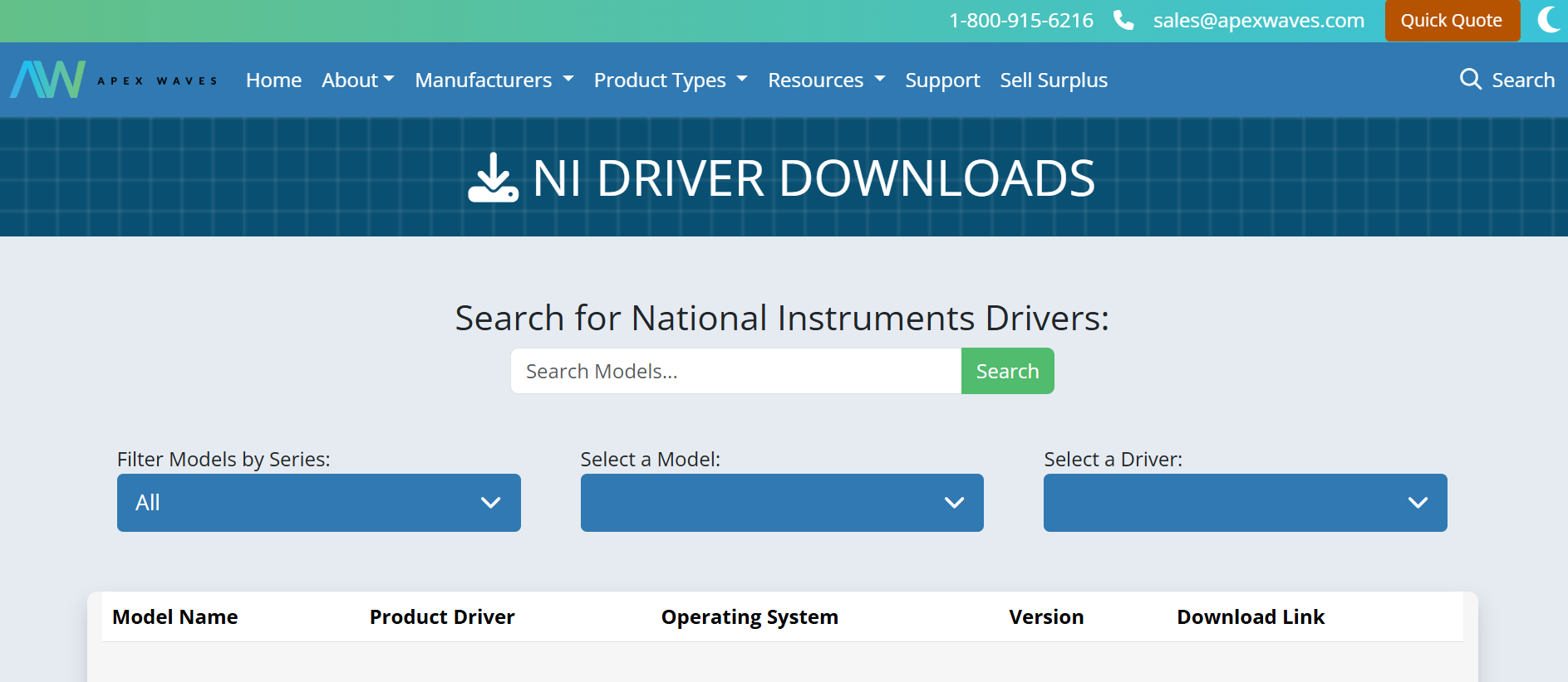 Screenshot of the Apex Waves Driver Download Page