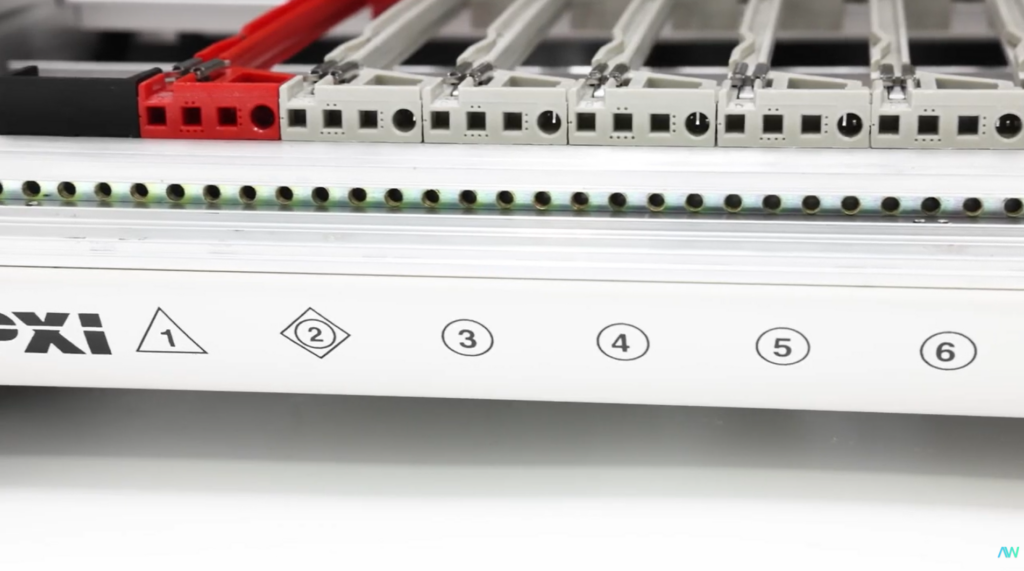 Closeup view of the different slot symbols on a PXI Chassis from NI