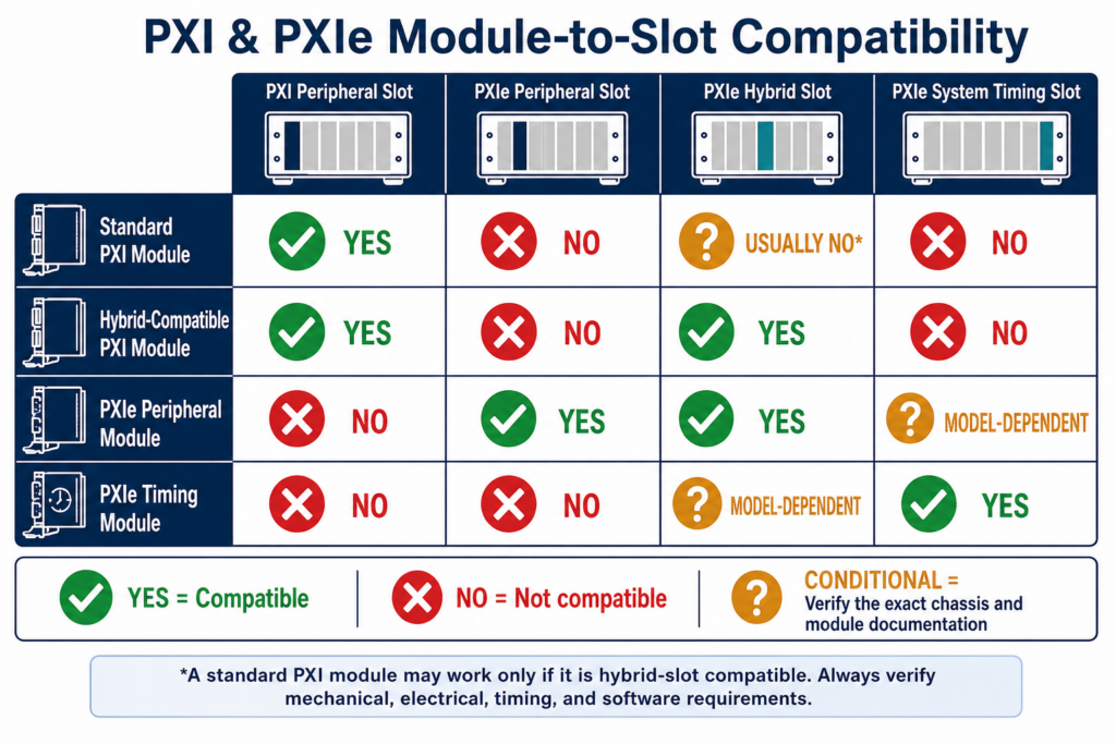 Chart displaying PXI and PXIe Module-to-Slot Compatibility 