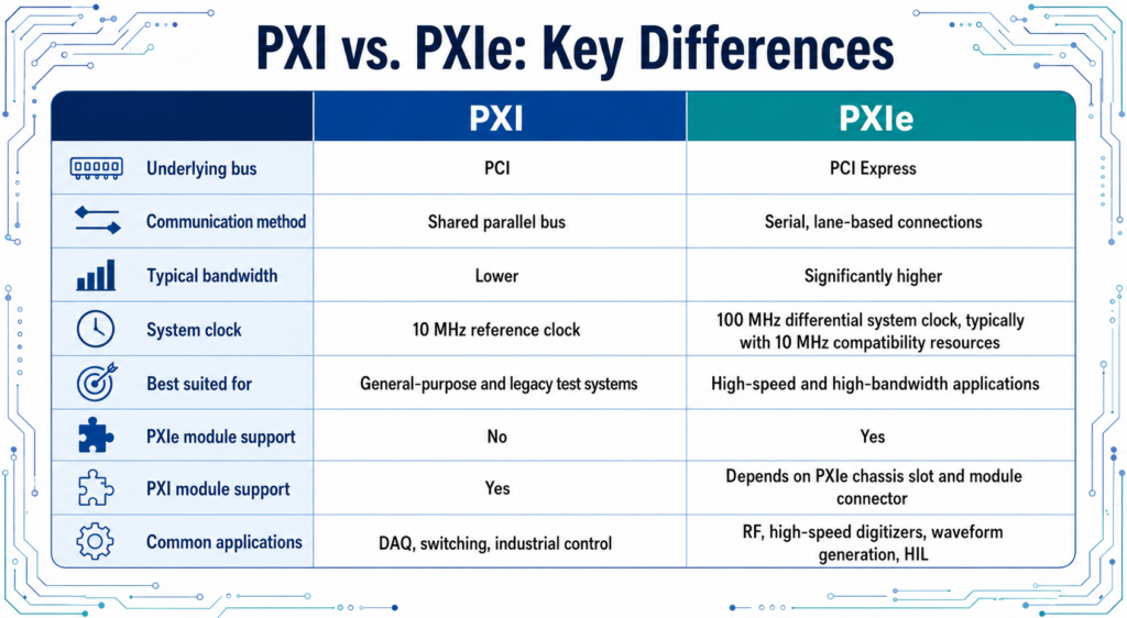 Chart displaying the key differences between the PXI and PXIe platforms